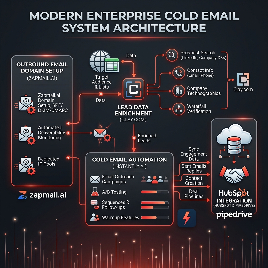 Complete technical infrastructure layout chart showing Zapmail, Clay, Instantly, and CRM integration points.