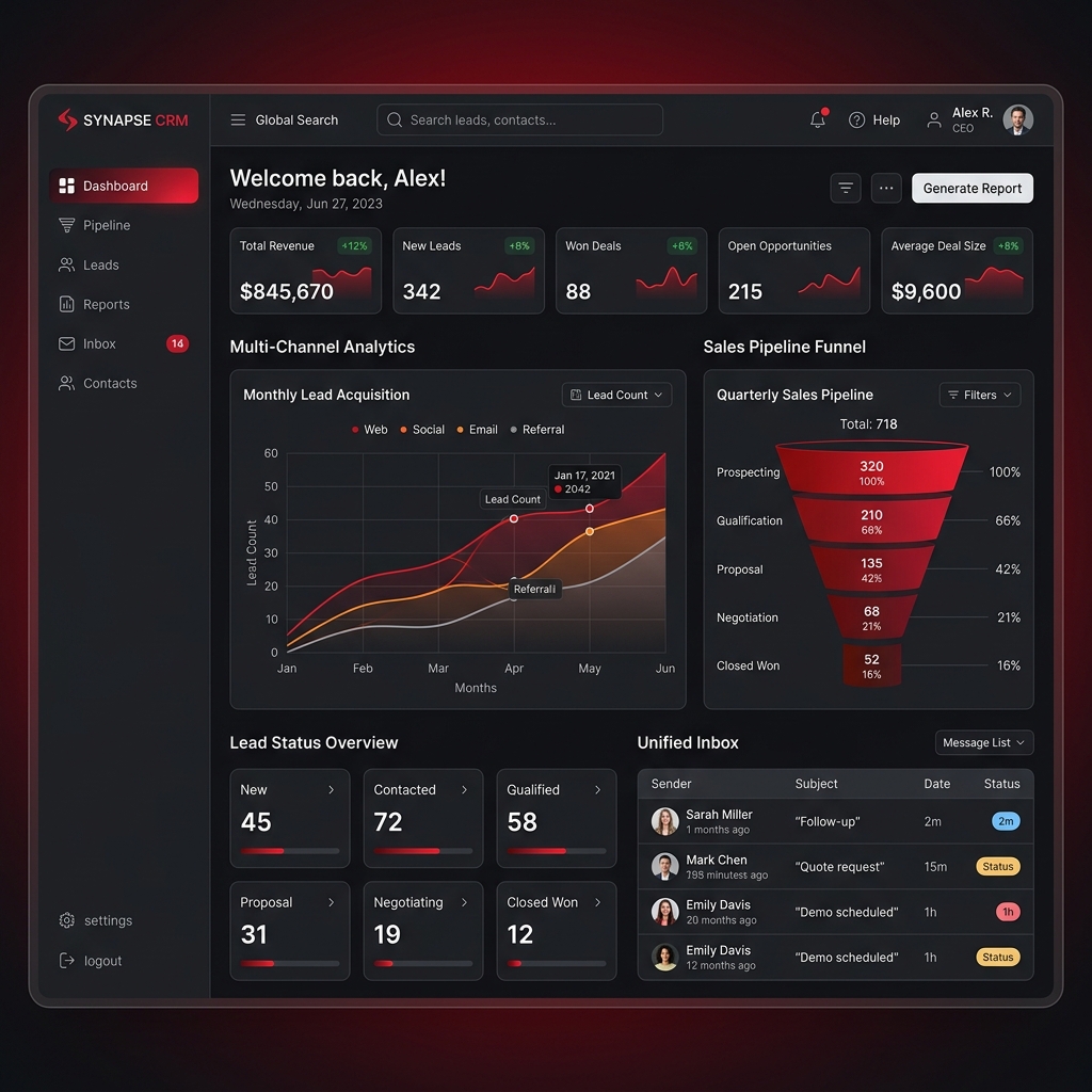 obayedCRM Multi-Channel Lead & ROI Analytics Dashboard Mockup