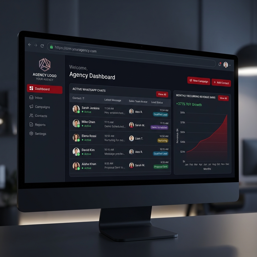 White-Label WhatsApp CRM Multi-Agent Workspace and Analytics Dashboard Mockup