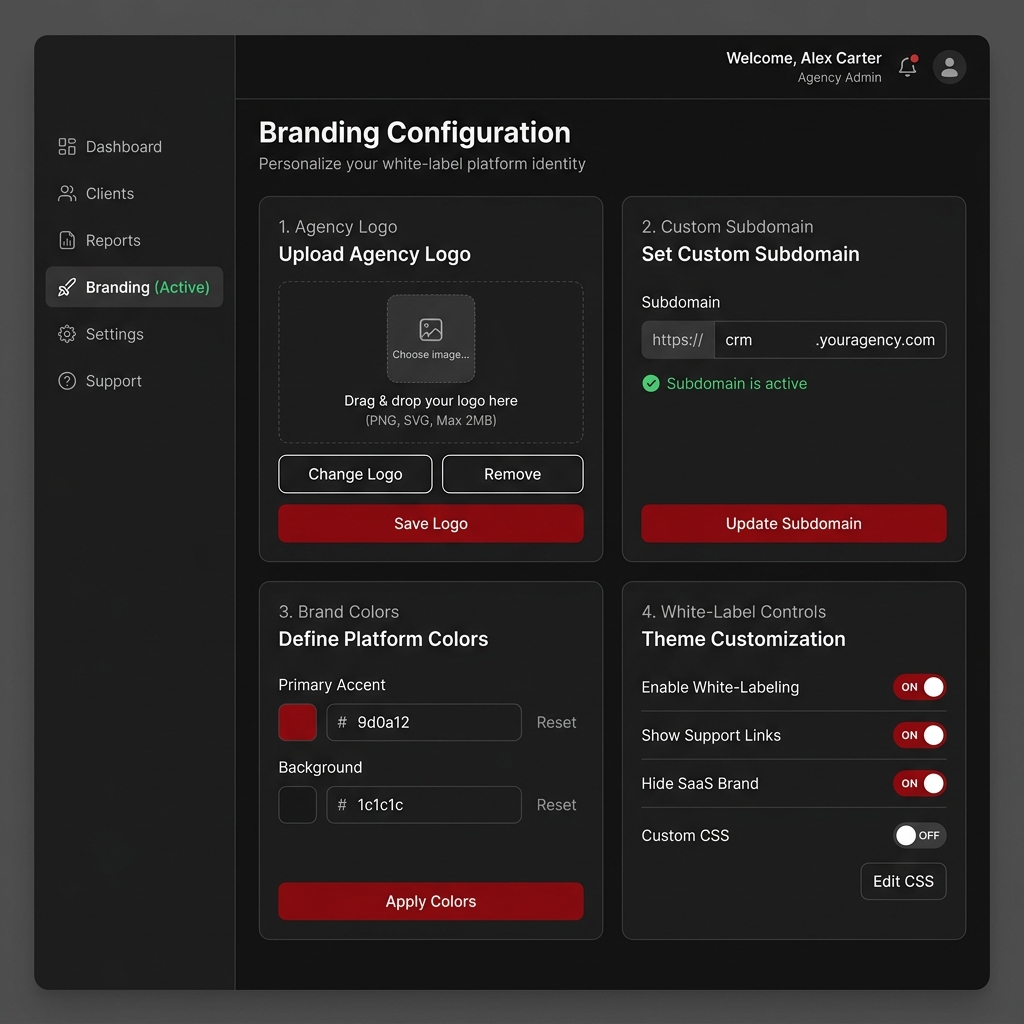 Custom Agency Logo, Color Palette, and Domain Branding Settings Dashboard
